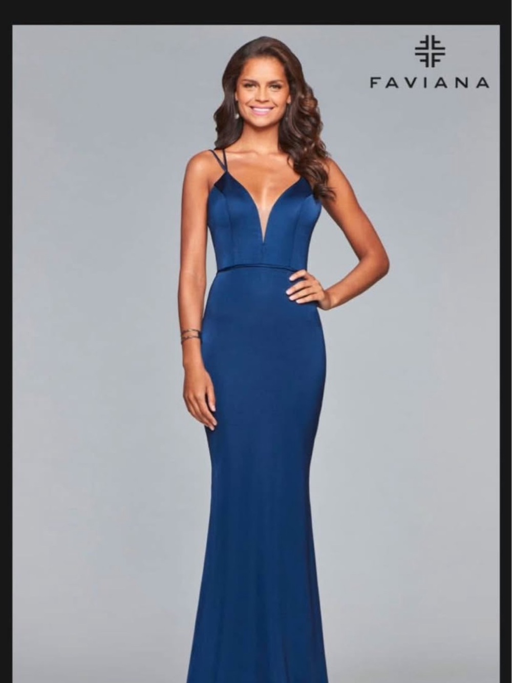 Faviana Glamour Navy Blue Plunging V-Neck Spaghetti Strap Gown